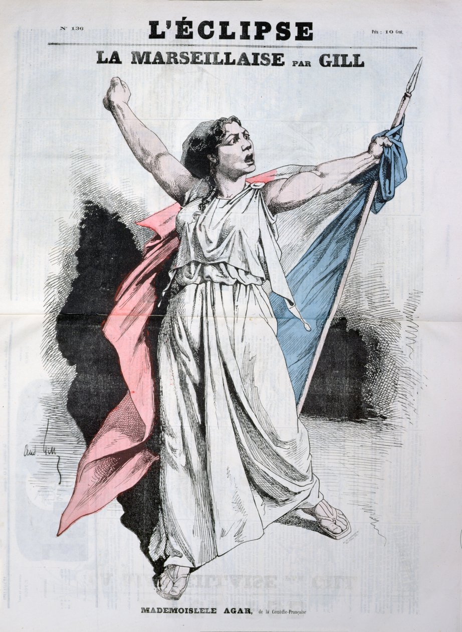 Mlle Agar cantando a Marselhesa, da capa de &39;L&39;Eclipse&39;, 28 de agosto de 1870 de Andre Gill