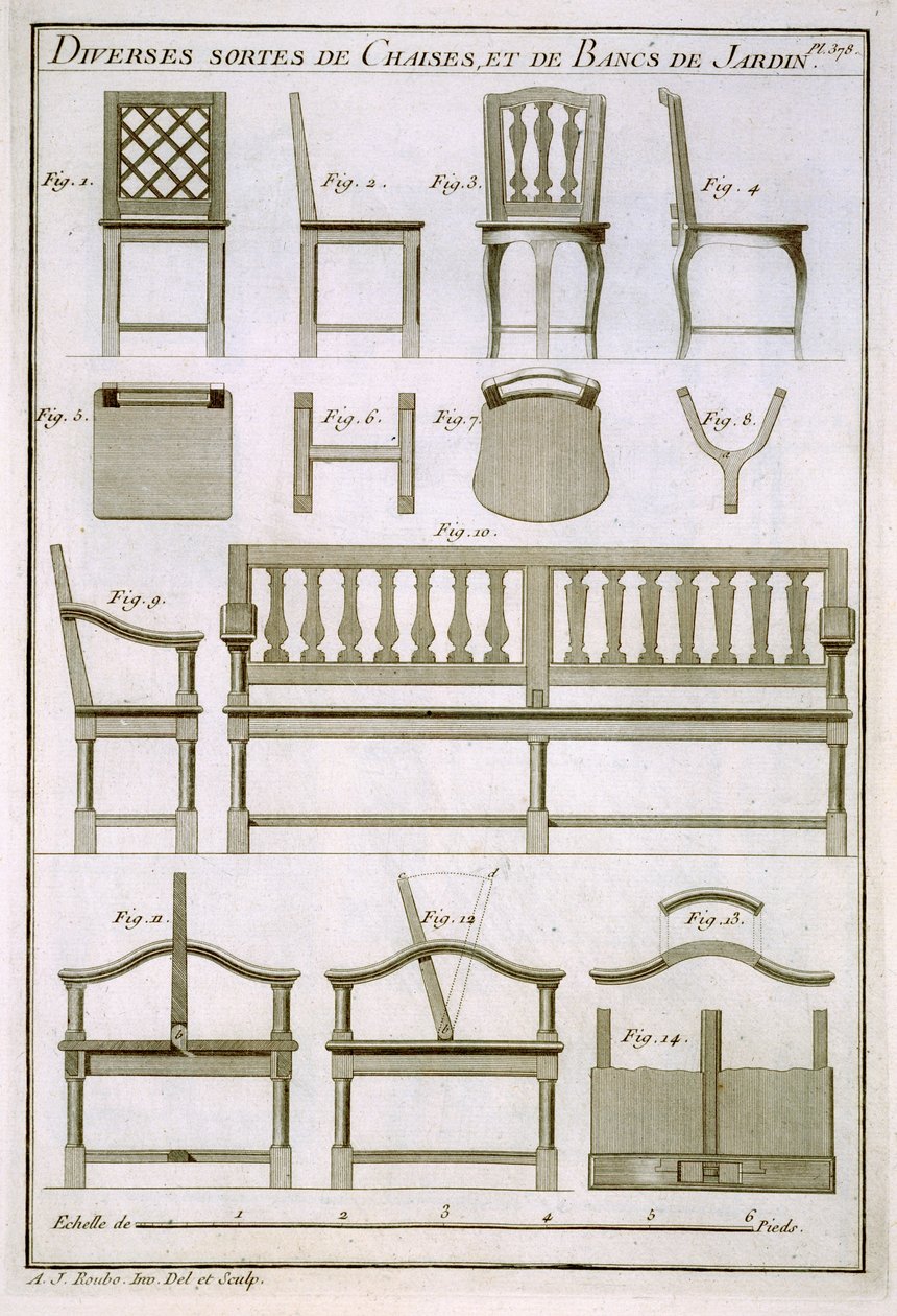 Projetos para cadeiras de madeira e bancos para o jardim, de LA du Menuisier, pub. 1769-74 de Andre Jacob Roubo