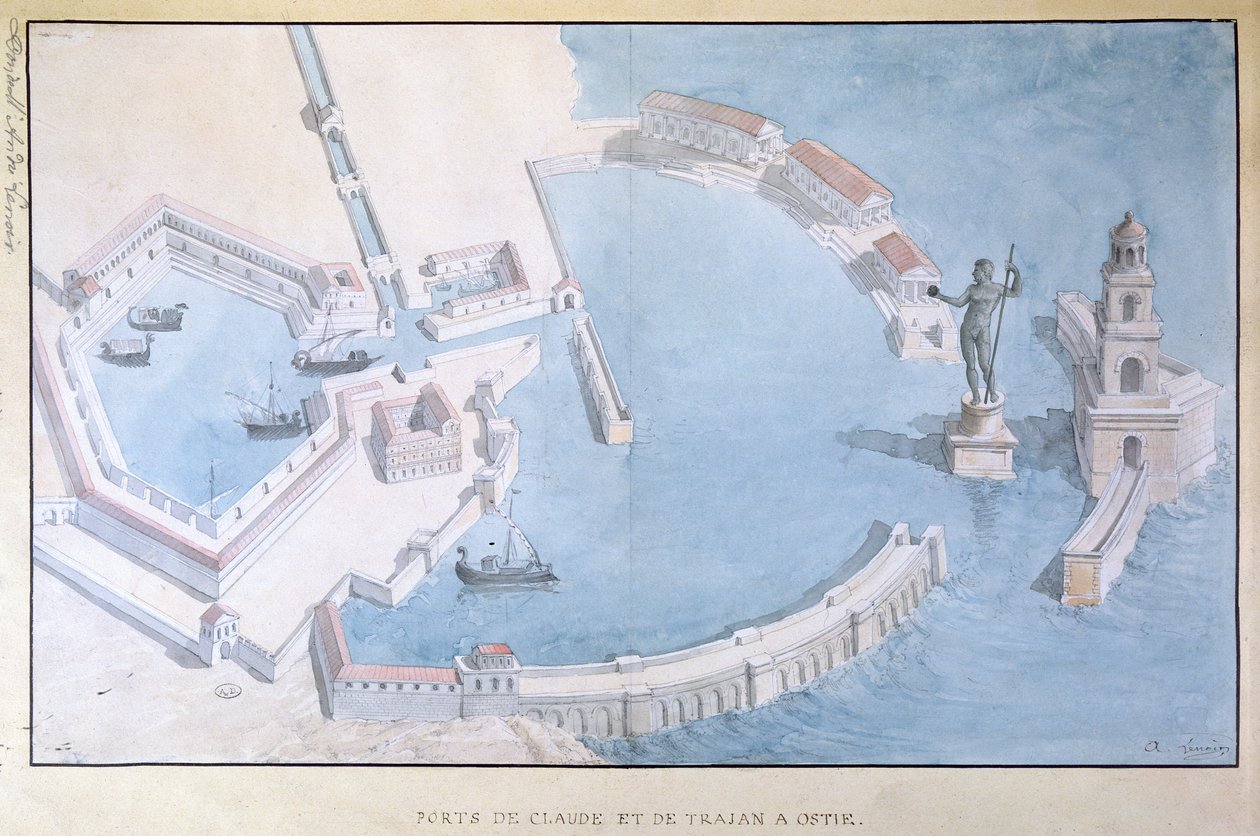 Reconstrução do porto romano de Ostia, c.1850 de Andre Lenoir