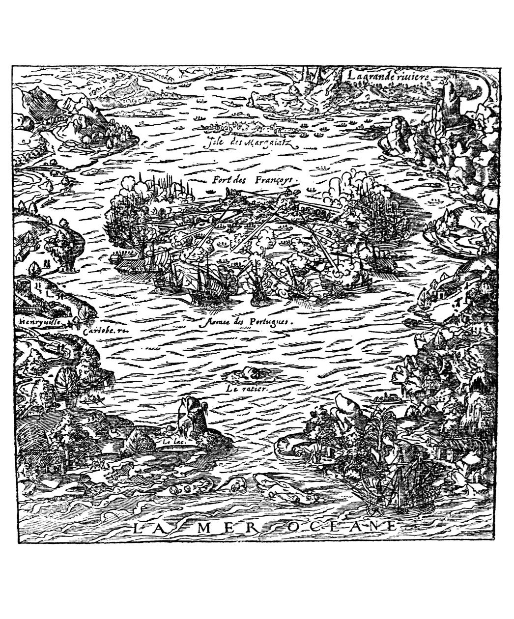 A captura do Forte de Villegagnon de "La Cosmographie universelle" de Andre Thevet, c.1560 de Andre Thevet