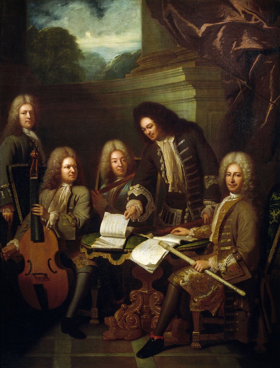 O compositor Michel de la Barre dirige a Marin Marais e os flautistas da Câmara do Rei de Andre Bouys