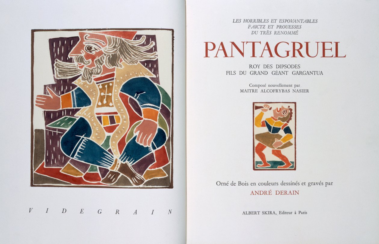 Página de título de "Les horribles et espouvantables faictz et prouesses du tres renomme Pantagruel, Roy des Dipsodes, fils du grand geant Gargantua. Compose nouvellement par Maitre Alcofybras Nasier", de François Rabelais (c.1494-1553) 1943 (xilogravura) de Andre Derain