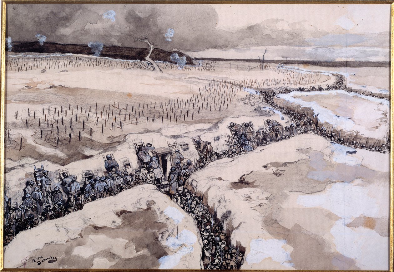 Antes de um ataque. Soldados nas trincheiras pouco antes do ataque no inverno de 1915 (auqrelle e lápis) de Andre Devambez