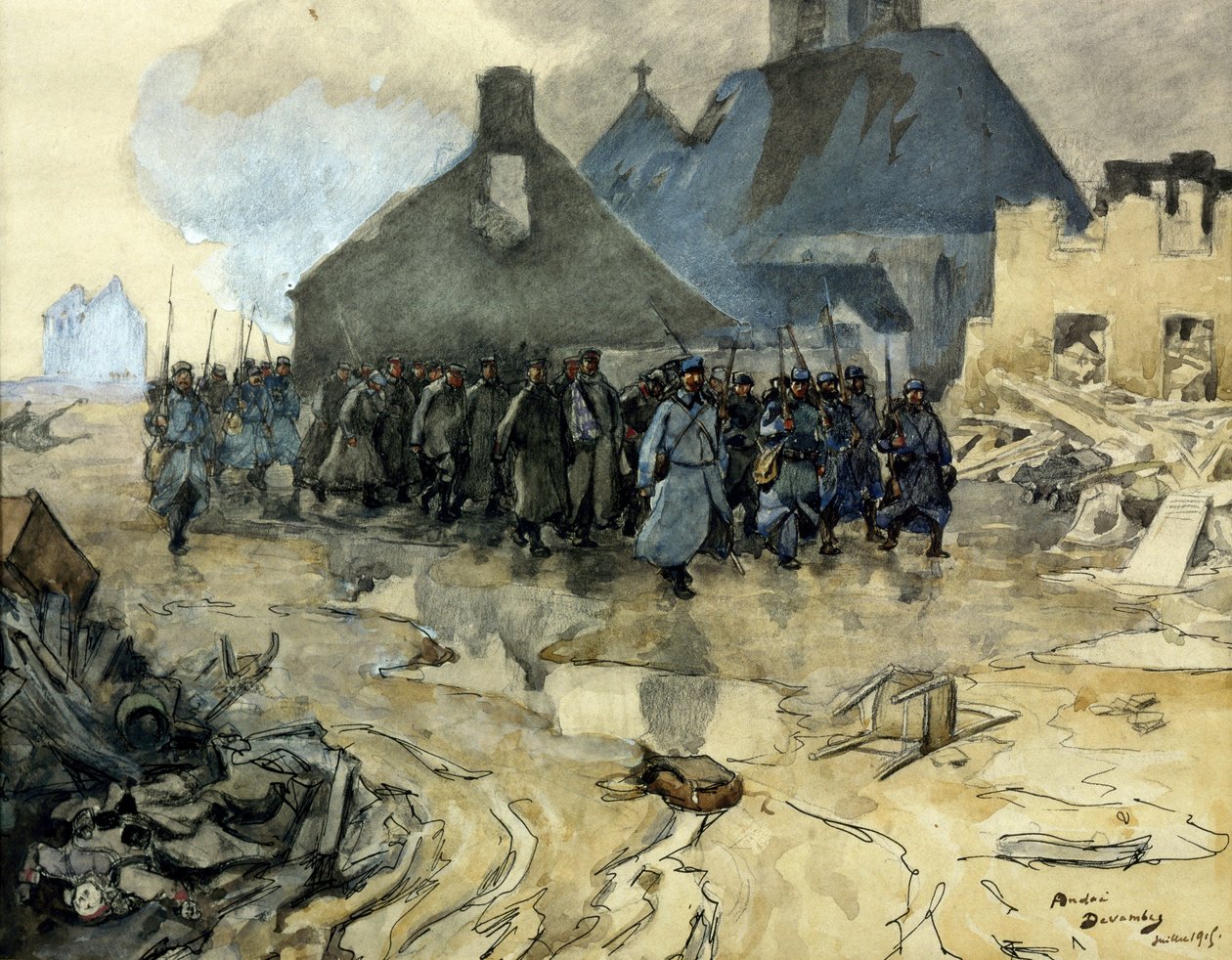 Primeira guerra mundial: regresso da patrulha, Julho de 1915 (eau forte) de Andre Devambez