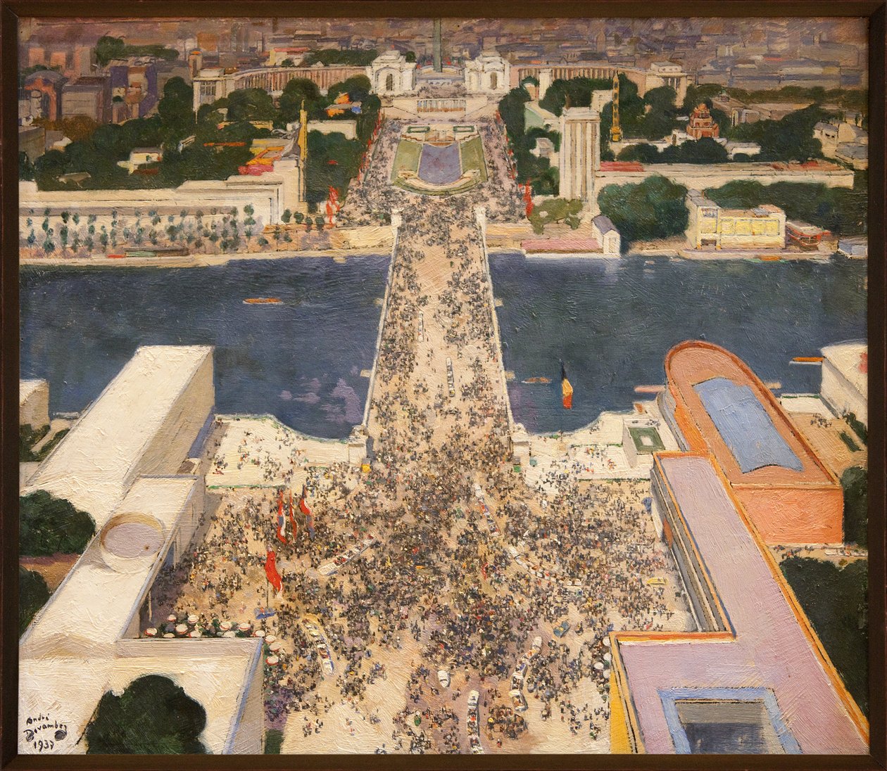A exposição internacional de 1937 vista do segundo andar da Torre Eiffel. No sopé da colina de Chaillot, os pavilhões da União Soviética, à esquerda, e da Alemanha nazi, à direita, estão frente a frente. Pintura de André Devambez (1867-1944) - de Andre Devambez