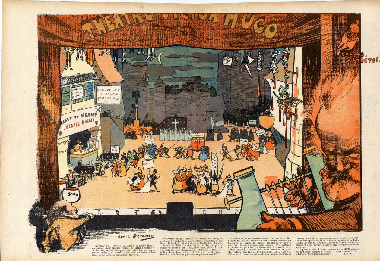 Teatro de Victor Hugo por André Devambez (1867-1944) caricatura em "Le rire" de 1902 de Andre Devambez