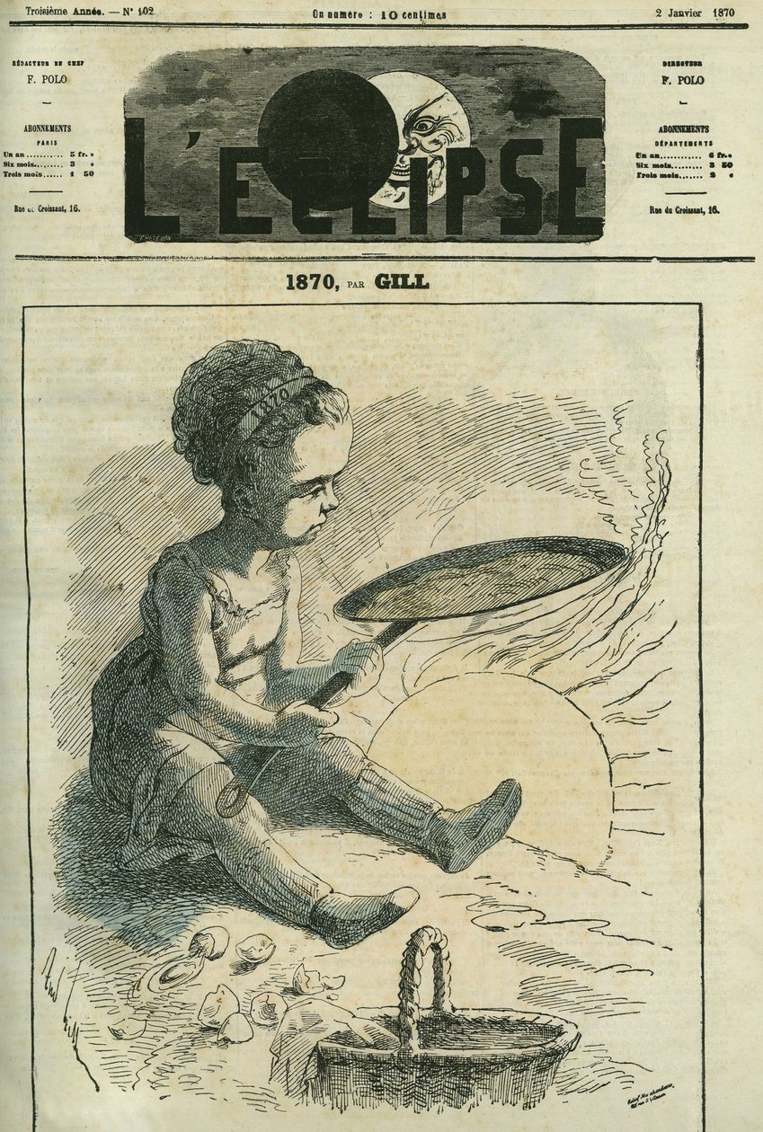 1870, cozinha social: uma menina cozinha um crepe em um fogão aquecido pelo sol. Capa em "L