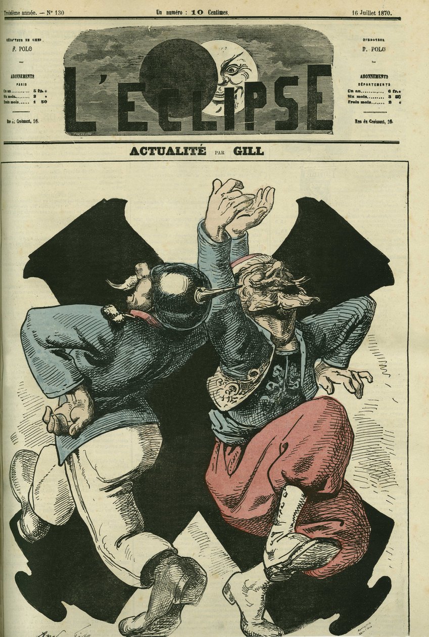Na realidade, soldado prussiano e francês dançando em frente aos cânones da guerra franco-prussiana. Capa em "L