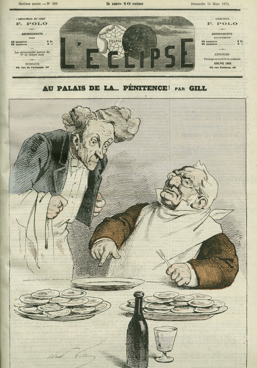 No palácio da penitência, caricatura do Presidente da República Adolphe Thiers (1797-1877). Capa em "L