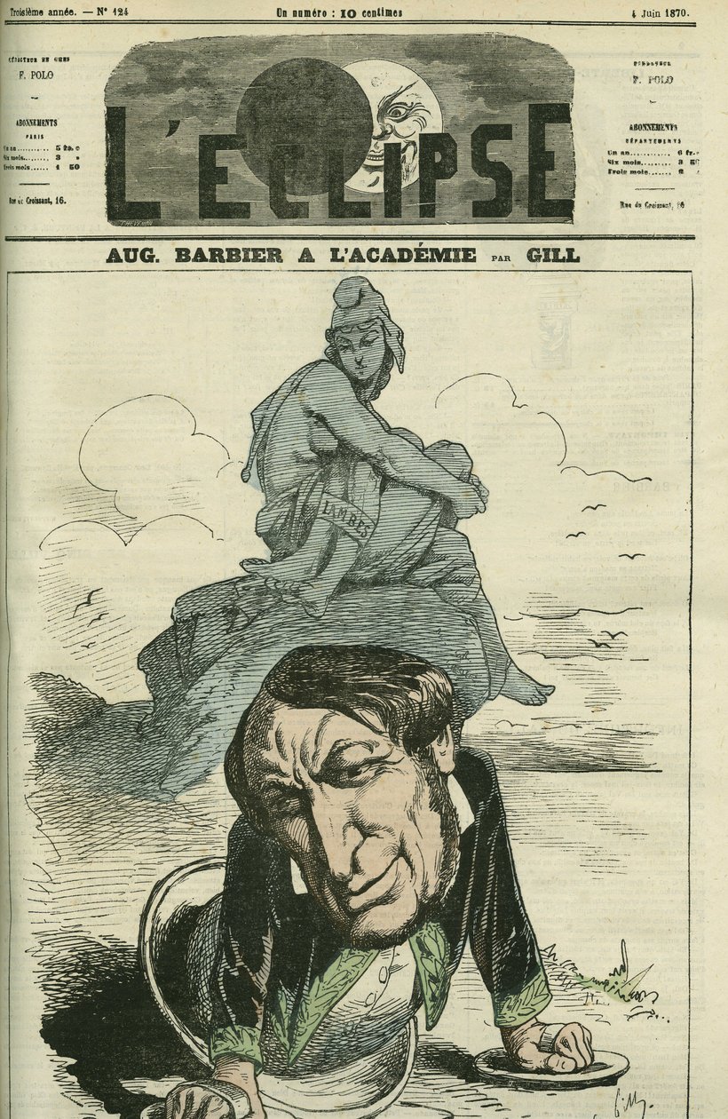 Auguste Barbier (1805-1882), poeta francês eleito para a Academia Francesa em 1869. Capa em "L