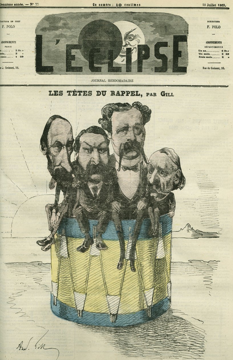 Auguste Vacquerie (1819-1895), Victor Hugo (1802-1885), Charles Hugo (1826-1871), e Paul Meurice (1818-1905), homens de letras franceses. Capa em "L
