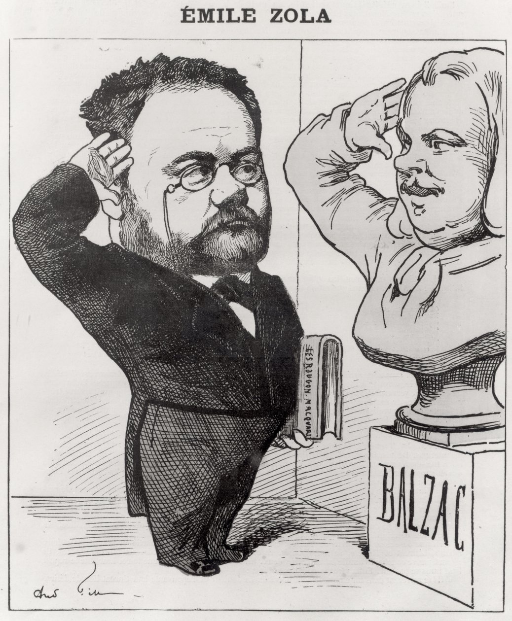 Caricatura de Emile Zola (1840-1902) Saudando um Busto de Honoré de Balzac (1799-1850) 1878 de Andre Gill