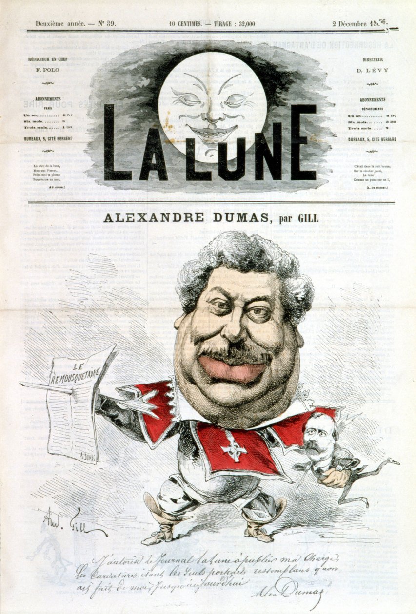 Desenho animado e autógrafo de Alexandre Dumas - por Gill em "La Lune" de 12/02/1866 de Andre Gill