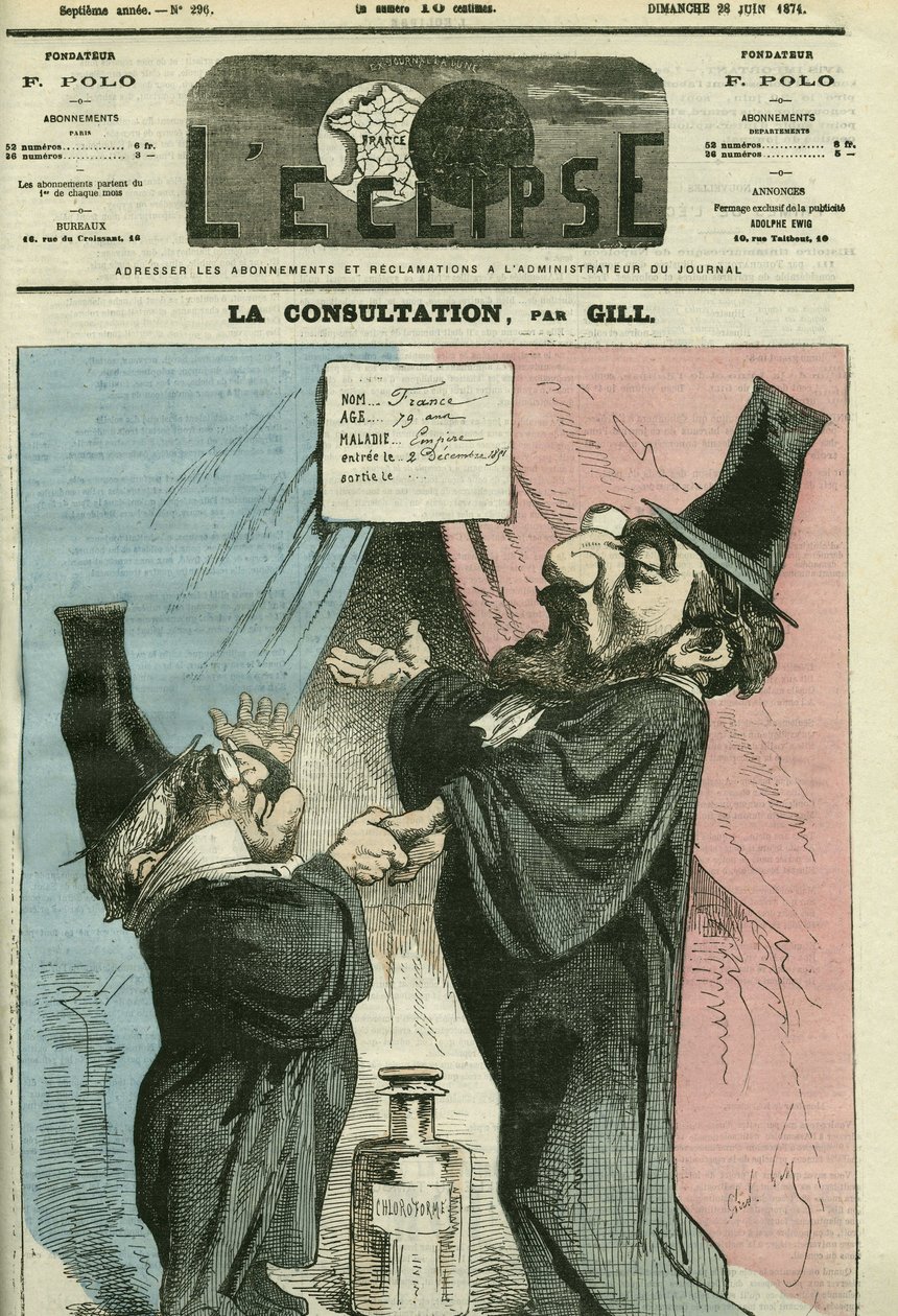 Desenho animado por Adolphe Thiers (1797-1877) e Leon Gambetta (1838-1882), políticos franceses. Capa em "L