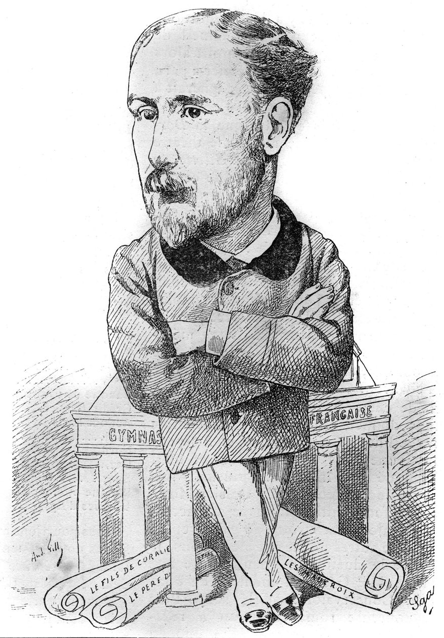 Cartoon de Albert Delpit (1849-1893), romancista francês. Desenho de Andre Gill. Gravura em "Le Monde Illustré" (O Mundo Ilustrado) de Andre Gill