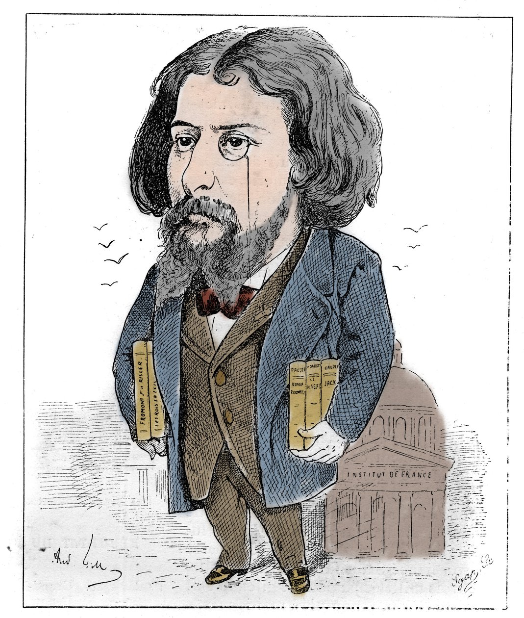 Cartoon de Alphonse Daudet (1840-1897), escritor francês, representado com seus livros e seu monóculo no Institut de France, em Paris. Desenho de André Gill. Gravura em "Le Monde Illustré" (O Mundo Ilustrado) de Andre Gill