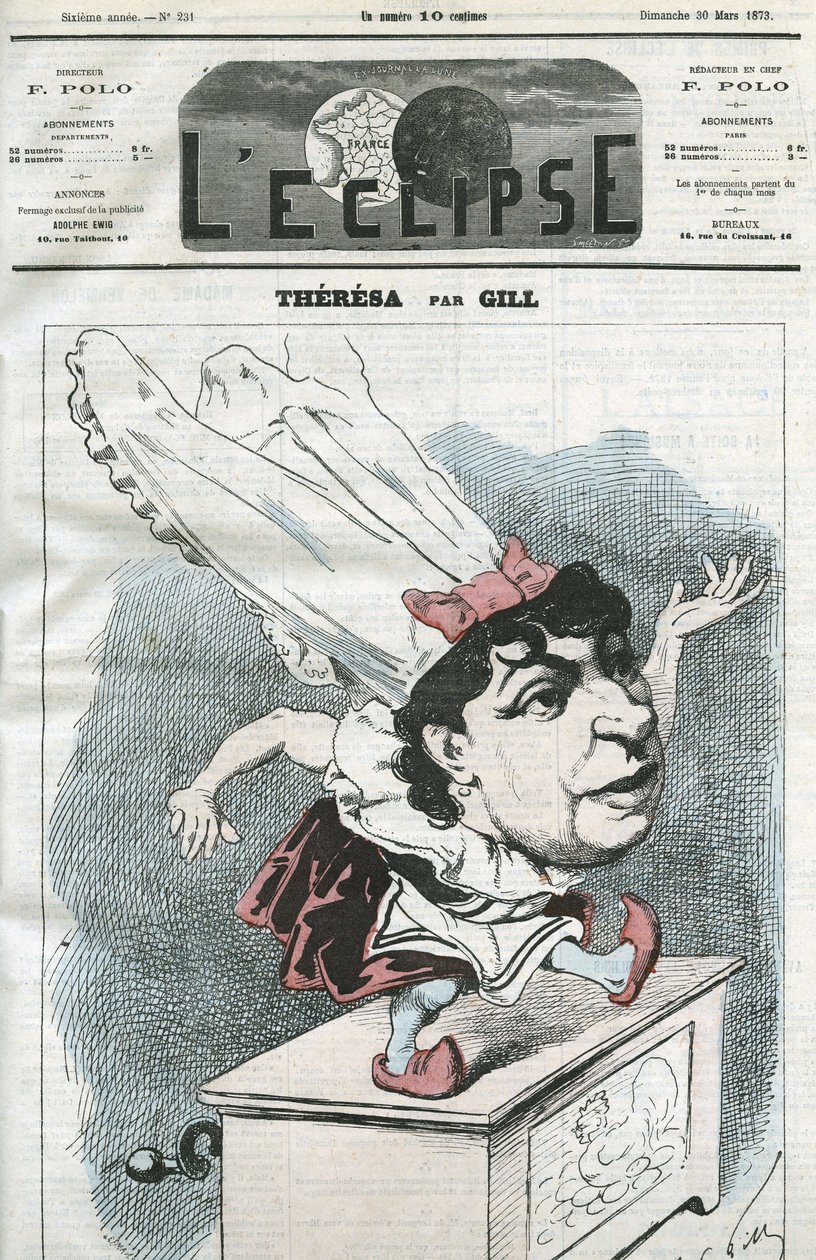 Desenho animado de Emma Valendon chamado Theresa (1837-1913), cantora popular francesa. Capa em "L