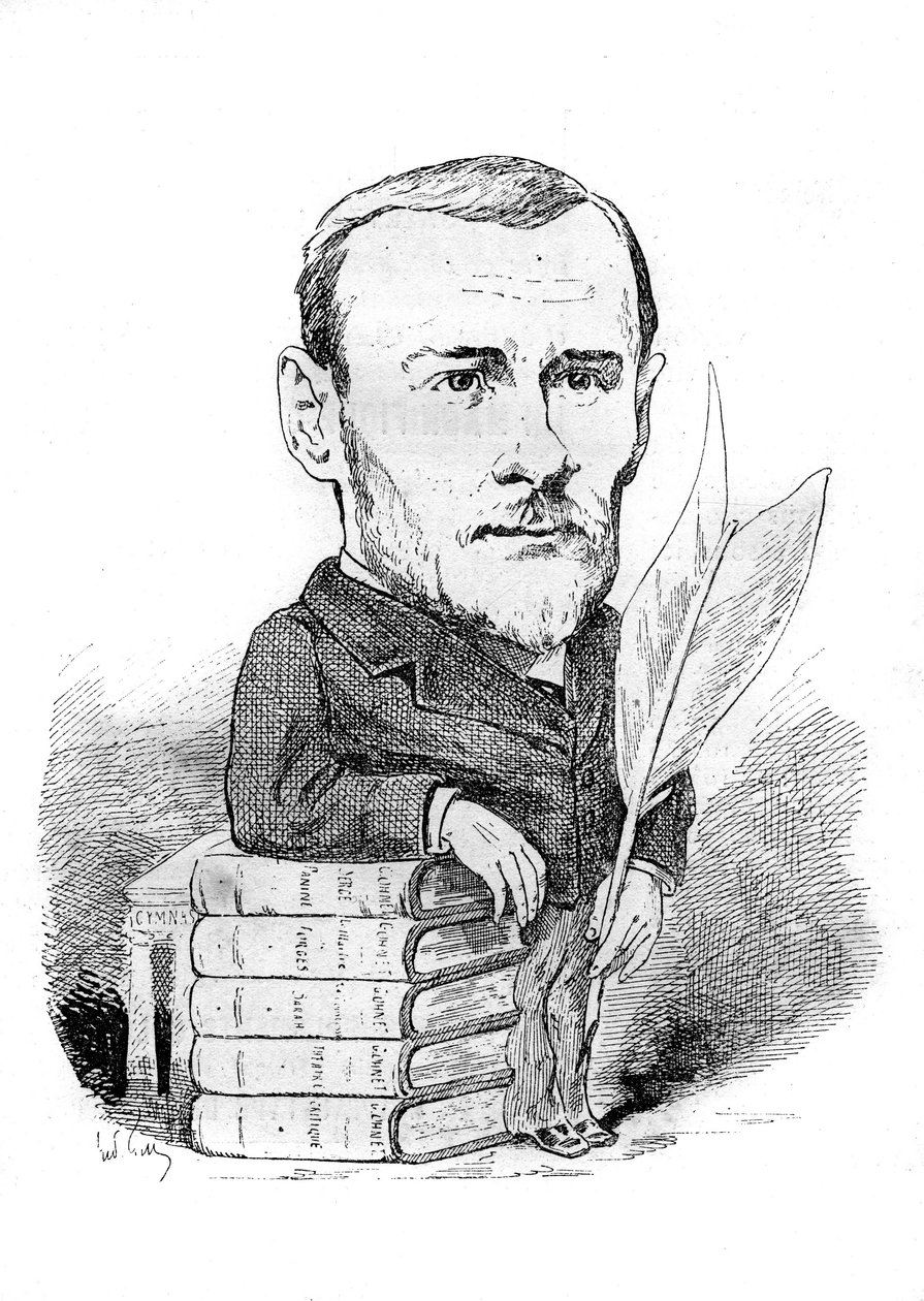 Desenho animado por Georges Ohnet (1848-1918), escritor francês que representa com seus livros e caneta. Desenho de Andre Gill. Gravura em "Le Monde Illustré" (O Mundo Ilustrado) de Andre Gill
