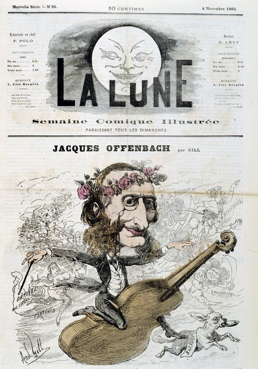 Desenho animado por Jacques Offenbach (1819 - 1880), montado num violino - por Gill em "La Lune" de 11/04/1866 de Andre Gill