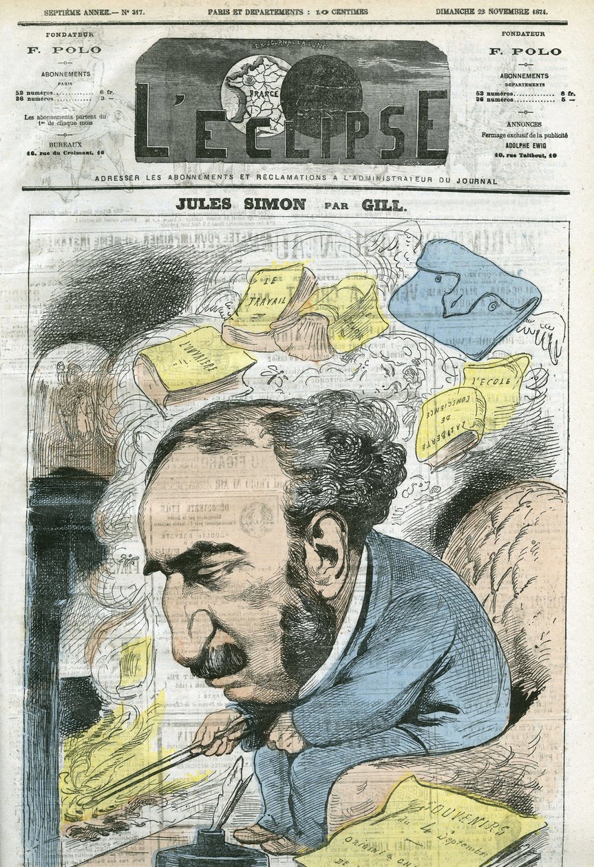 Desenho animado por Jules Simon (1814-1896), político, historiador de filosofia, filósofo, ensaísta francês. Capa em "L