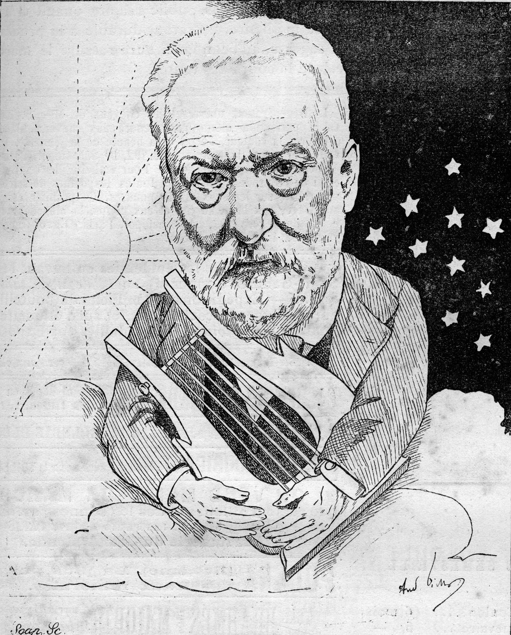 Desenho animado de Victor Hugo (1802-1885), um escritor francês, retrata com uma lira sobre uma nuvem no céu entre o dia e a noite. Desenho de Andre Gill. Gravura em "Le Monde Illustré" (O Mundo Ilustrado) de Andre Gill