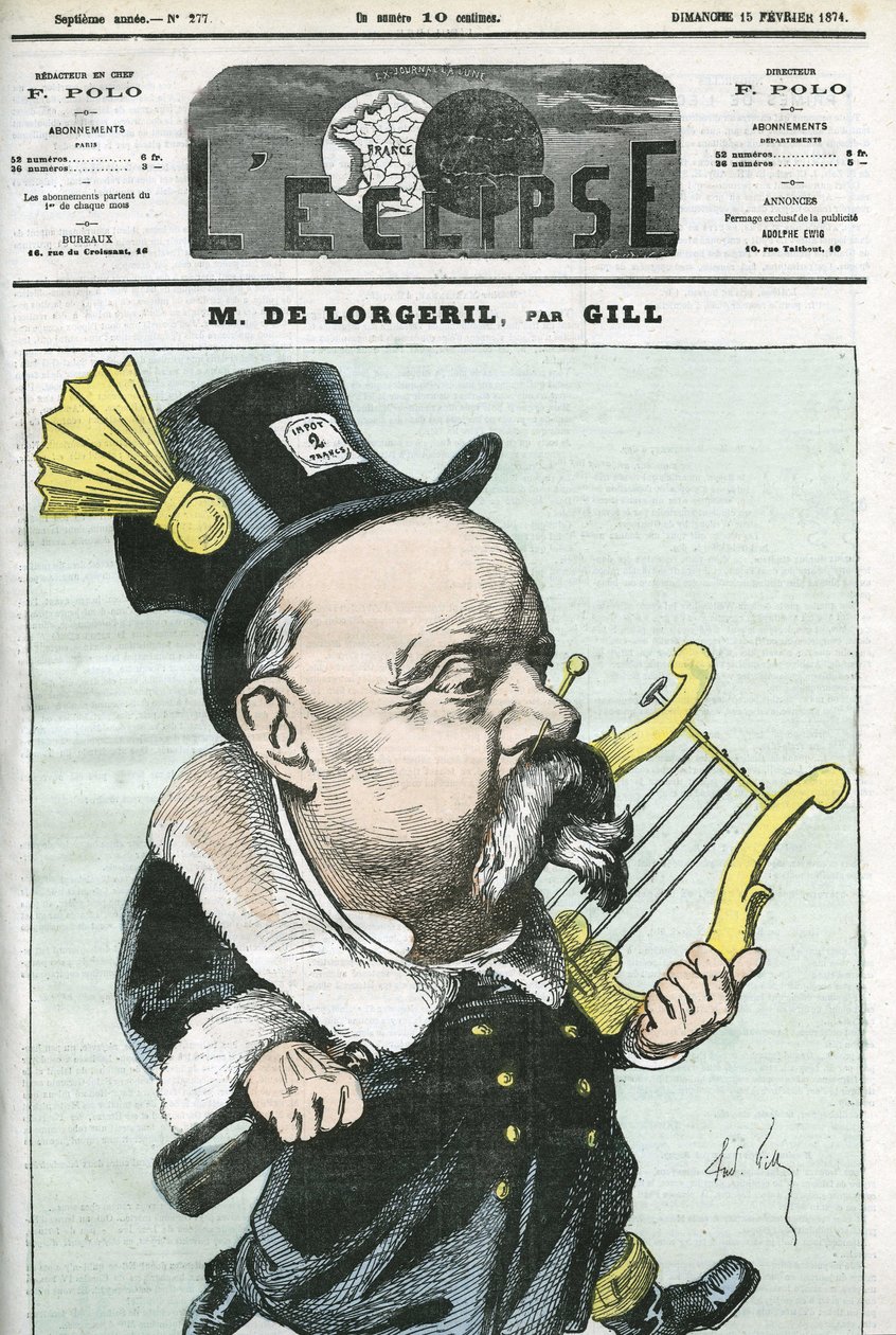 Desenho animado do Visconde de Lorgeril, político francês. Capa em "L