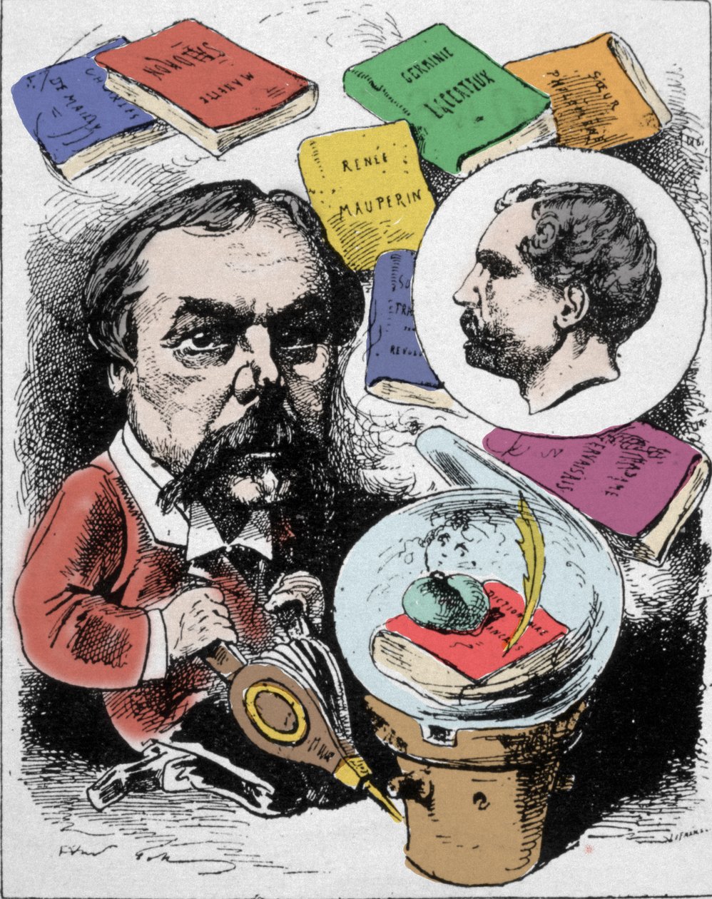 Desenho animado representando o escritor francês Edmond de Goncourt (1822-1896). Desenho de Gill publicado em "L