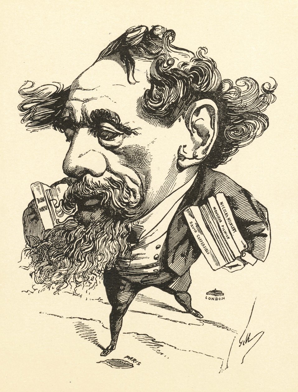Desenho de Charles Dickens cruzando o canal da Inglaterra, 1868 de Andre Gill