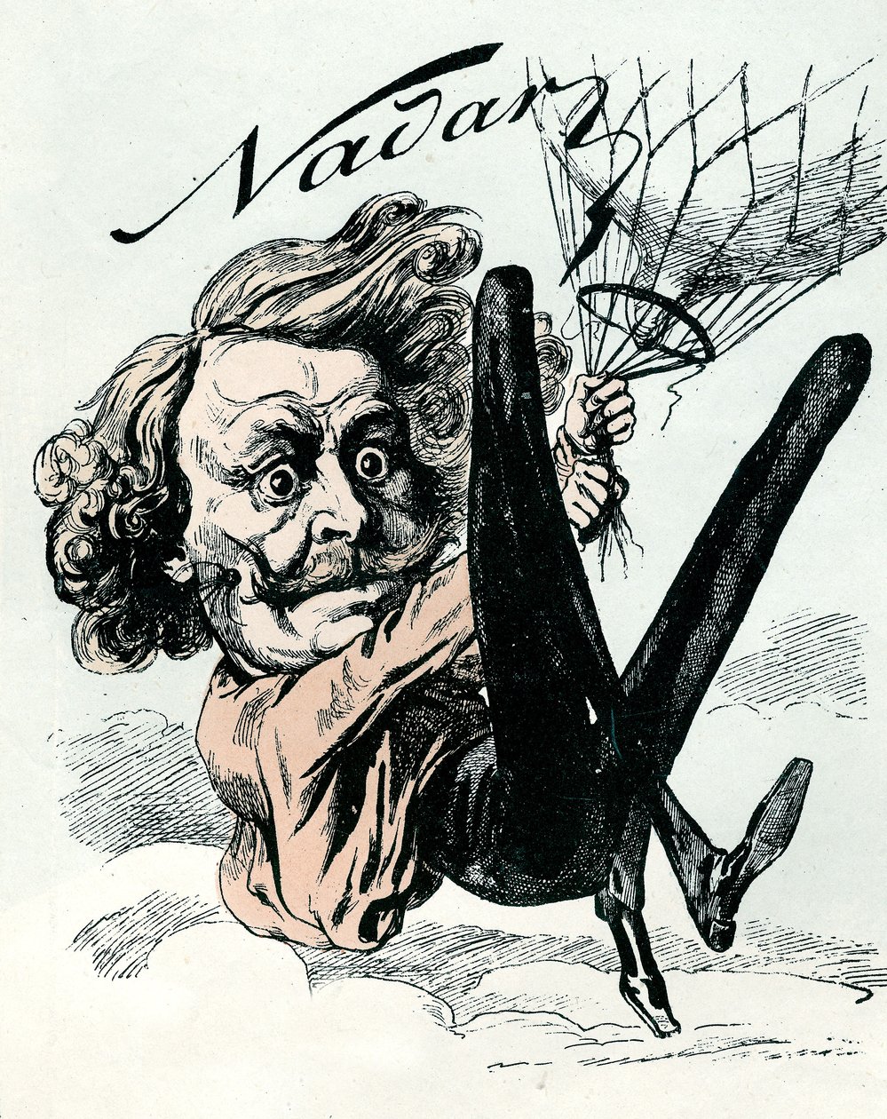 Desenho animado de Felix Nadar, pioneiro da fotografia aérea em 1858, aqui pendurado no seu balão (gravura) de Andre Gill