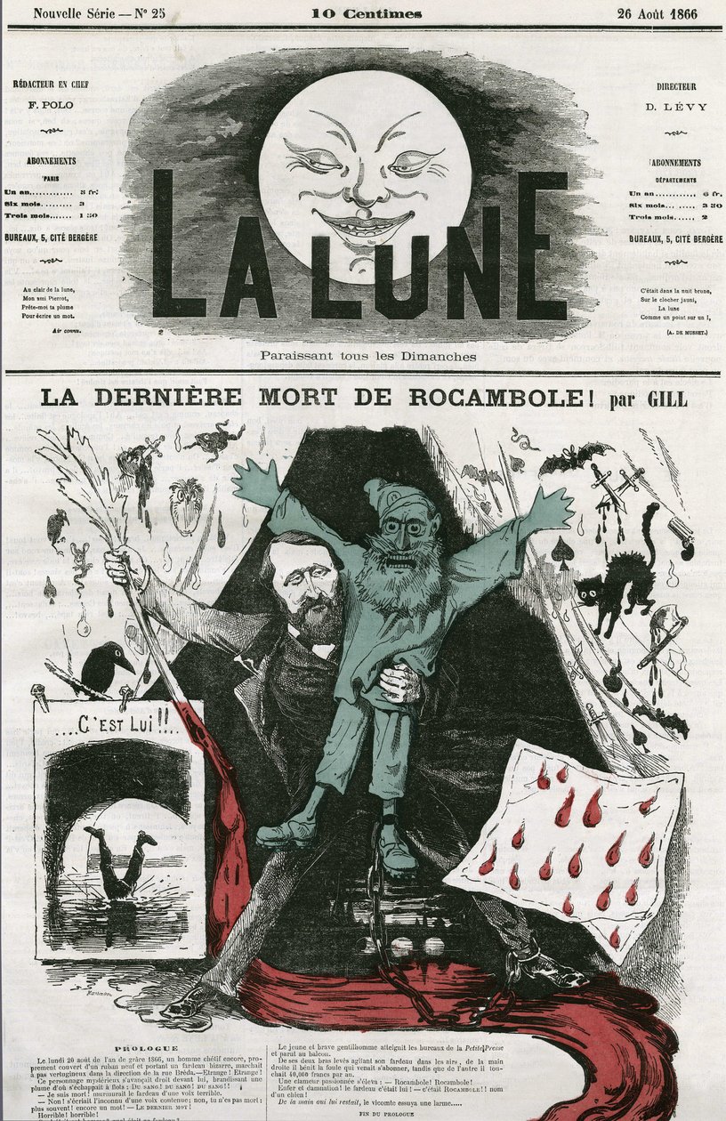 Desenho animado de "La last mort de Rocamole" e seu autor, Pierre Alexis Ponson du Terrail (1829-1871). Desenho animado de Gill, em "The Moon", 26 de agosto de Andre Gill