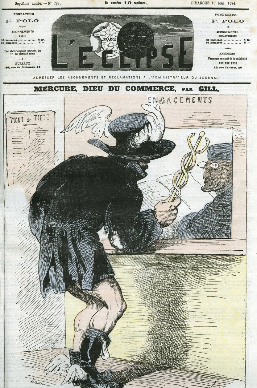 Desenho animado de "Mercúrio, Deus do Comércio". Capa em "L