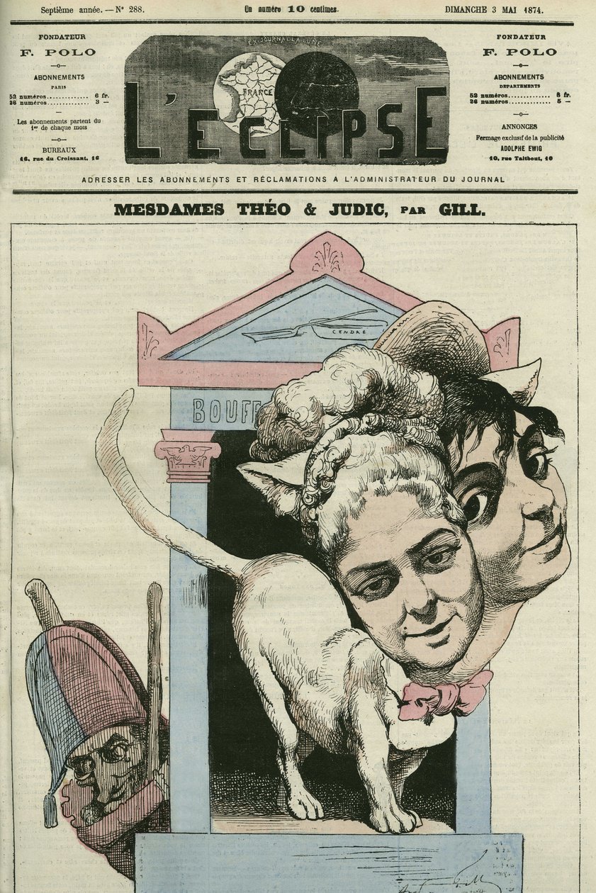 Desenho animado das damas Louise Theo e Anna Judic, cantoras numa peça de Jacques Offenbach (1819-1880), compositor. Capa em "L