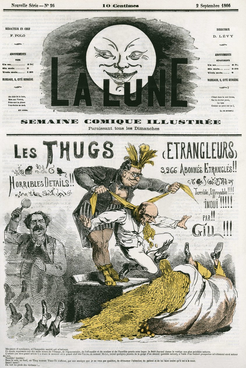 Desenho animado dos "Thugs", um culto a estranhos, adoradores de Kali exterminados por colonos britânicos. Desenho animado de Gill, em "The Moon", 2 de setembro de Andre Gill