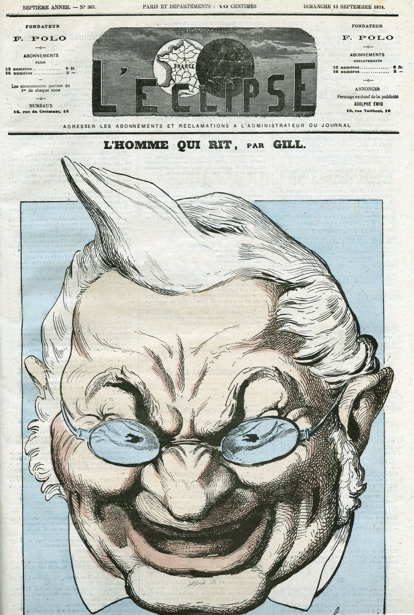 Desenho animado de "o homem que ri", Adolphe Thiers (1797-1877), político francês. Capa em "L