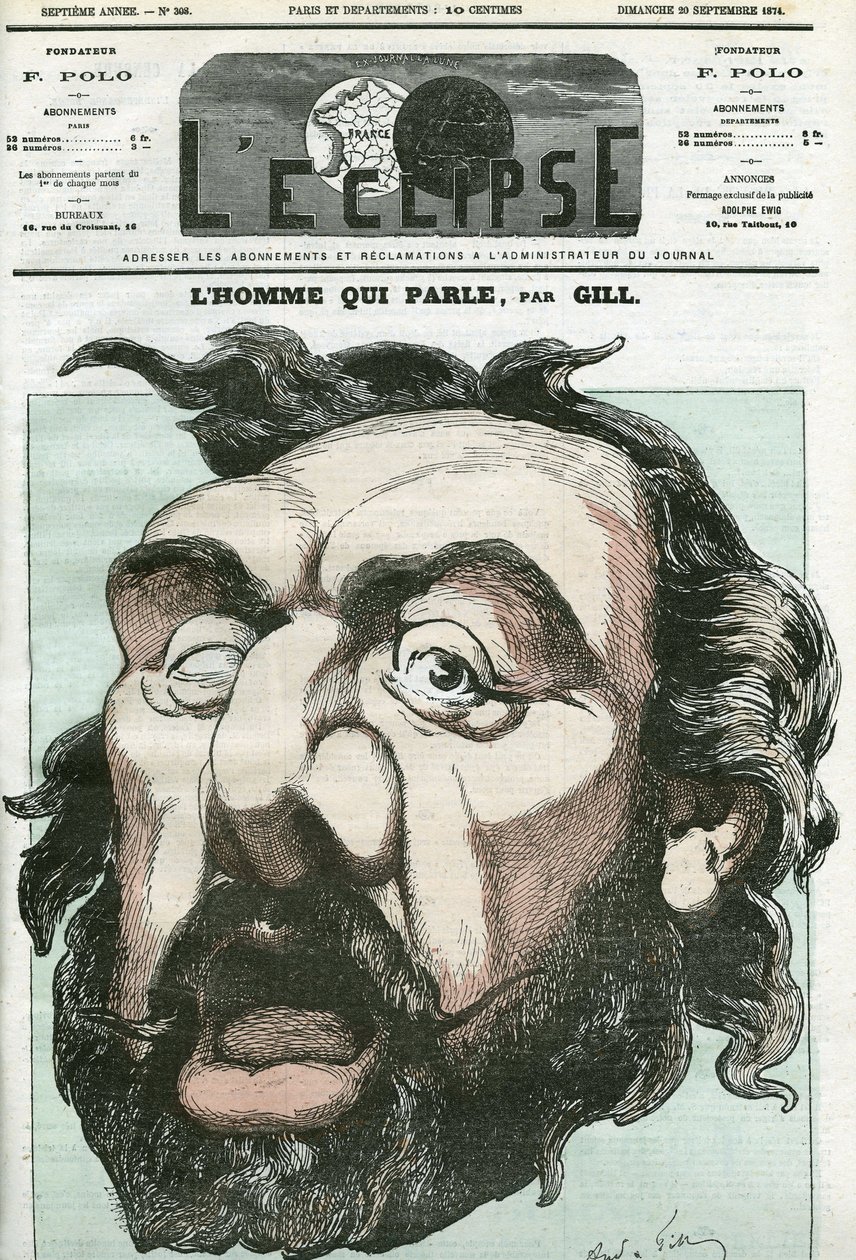 Desenho animado de "o homem que fala", Leon Gambetta (1838-1882), político francês. Capa em "L
