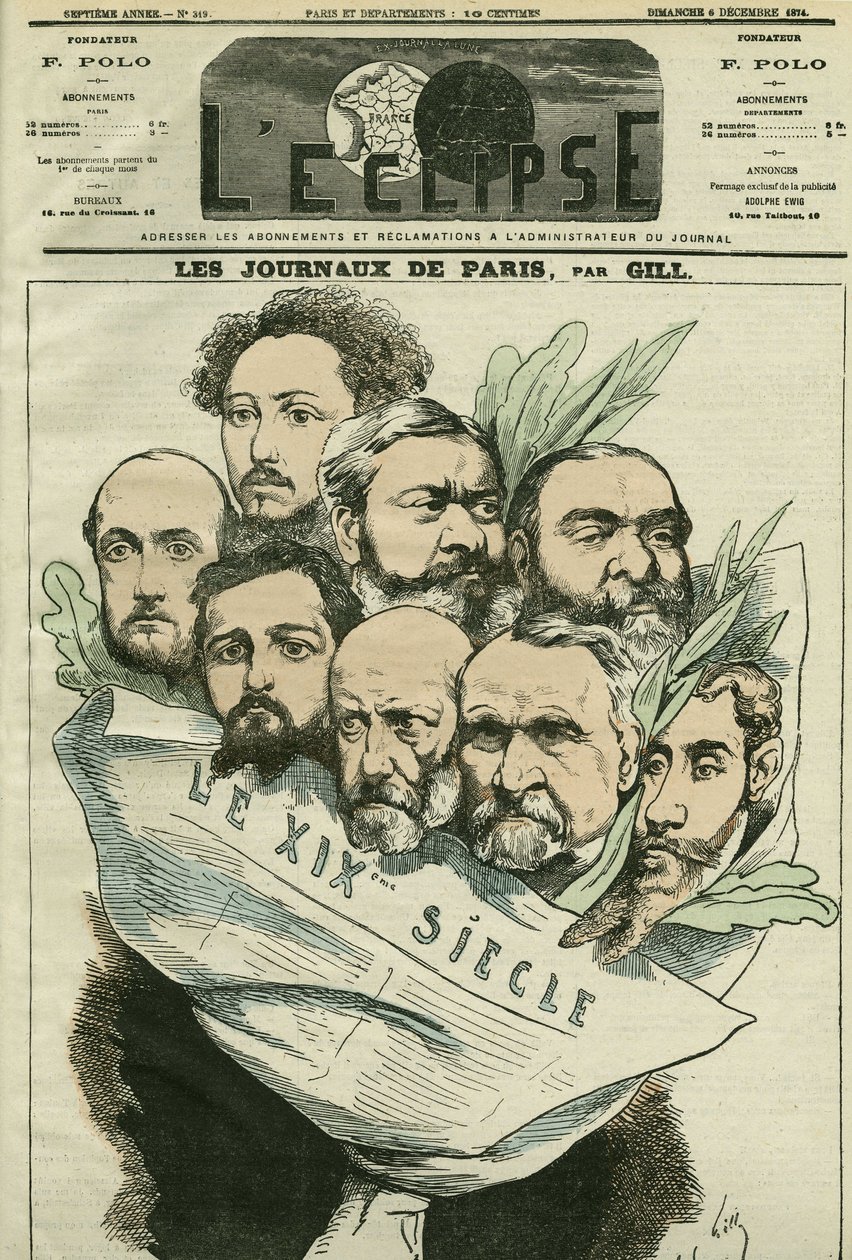 Desenho animado da equipe do jornal "Le XIXe siècle", dirigido por Edmont About (1828-?) , um homem de letras francês. Capa em "L
