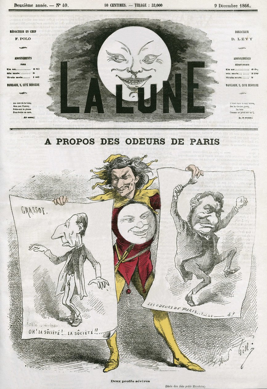 Desenho animado sobre um livro "Les Odeurs de Paris" de Louis Veuillot (1813-1883), escritor francês. Desenho animado de Gill, em "La Lune", 9 de dezembro de Andre Gill