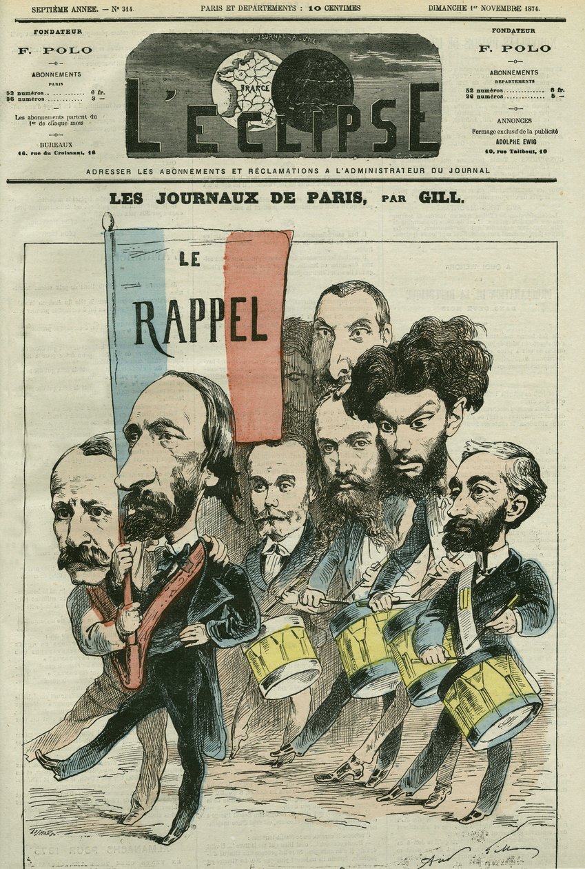 Desenho animado "o recall" do Republique pelos jornais parisienses, com Paul Meurice (1818-1905), Auguste Vacquerie (1819-1895), Gaulier, Blum, Lefevre, D
