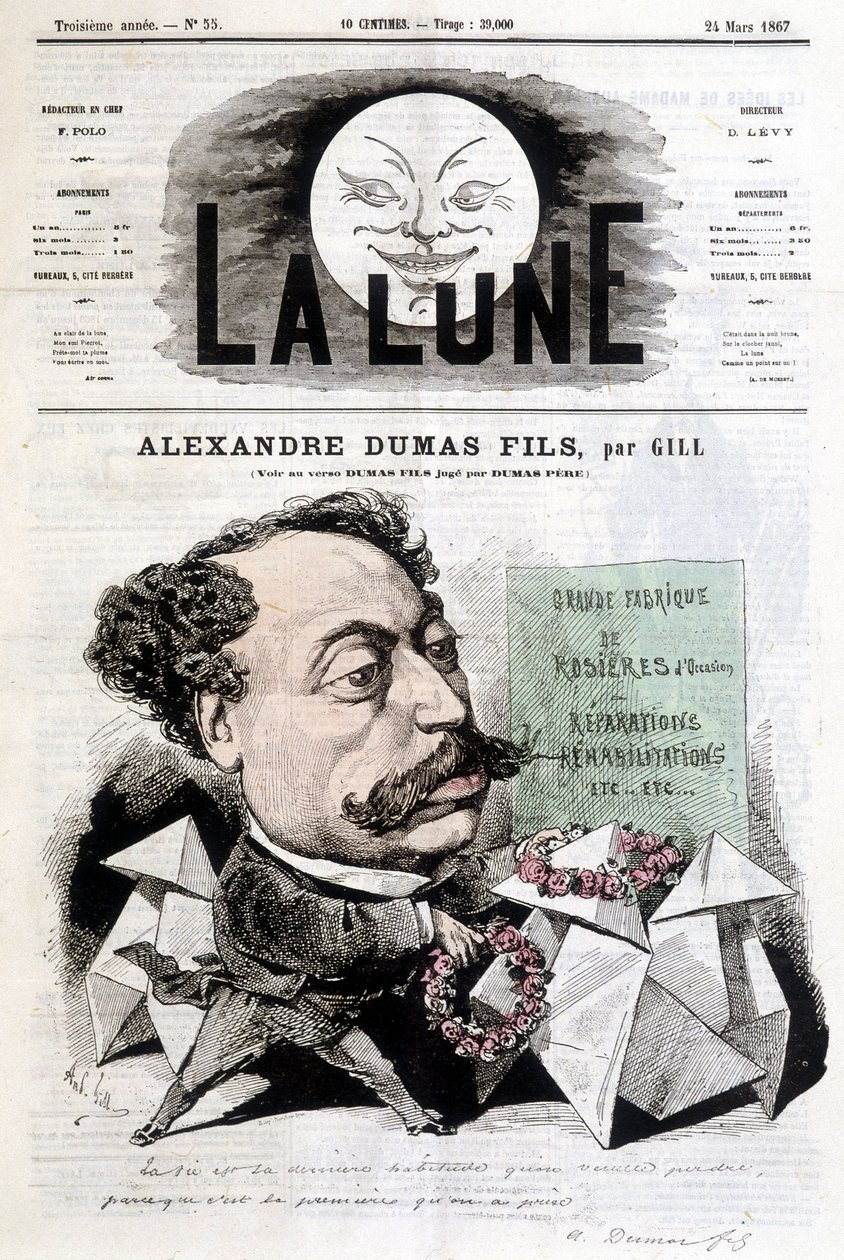 Desenho cómico sobre Alexandre Dumas Fils de Gill. Capa "La Lune" de 24/03/1867. de Andre Gill