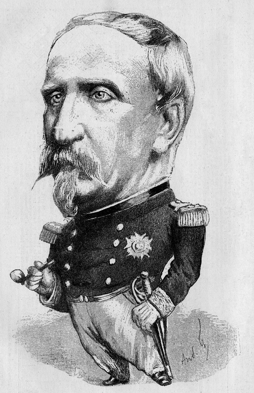 Desenho de André Gill representando o Duque de Aumale (1822-1897), político e historiador francês, membro da Academia Francesa. Gravura em "O Mundo Ilustrado" 1885 de Andre Gill