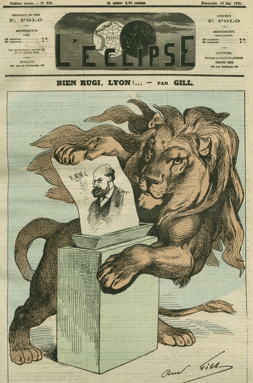 Boa ruína, Lyon! , desenho animado para a eleição de Arthur Ranc (1831-1908), deputado do Rhône. Capa em "L