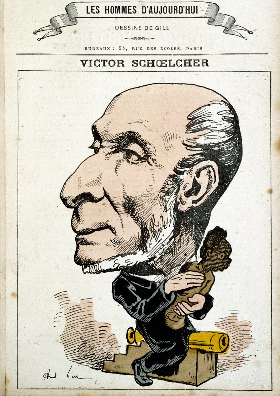 Desenho humorístico sobre Victor Schoelcher e a abolição da escravatura - por Gill, em "The Men of Today" (Os Homens de Hoje) de Andre Gill