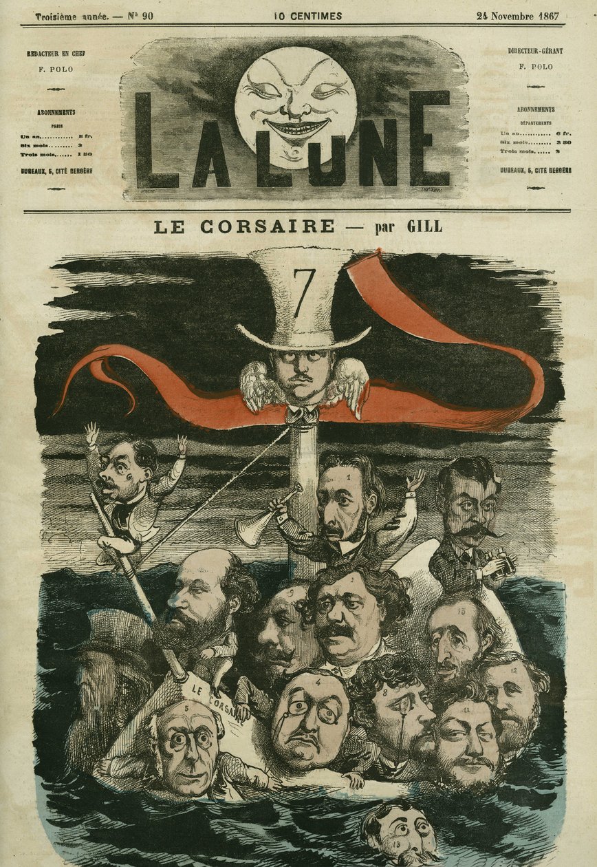 Ilustração do jornal "Le Corsaire" e seus colunistas. Desenho animado de Gill, em "La Lune", 24 de novembro de Andre Gill