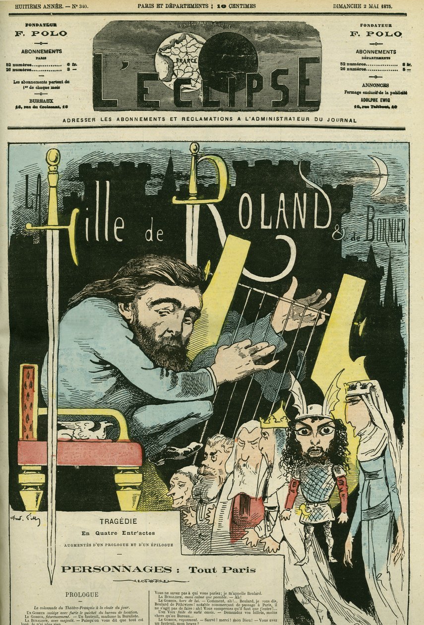 Ilustração da peça de teatro "La Fille de Roland" de Etienne Charles Henri, Visconde de Bornier (1825-1901). Capa em "L