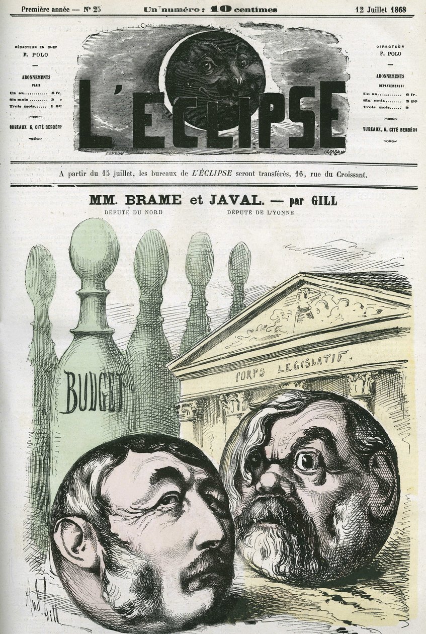 Jules Louis Joseph Brame (1808-1878), político francês e Louis Emile Javal (1839-1907), homem político francês. Capa em "L