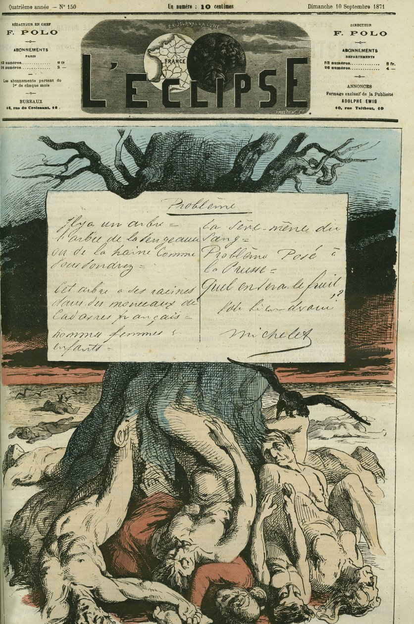 Jules Michelet (1798-1874), historiador francês, foi violentamente contra a Guerra de 1870 e a redenção do país. Capa em "L