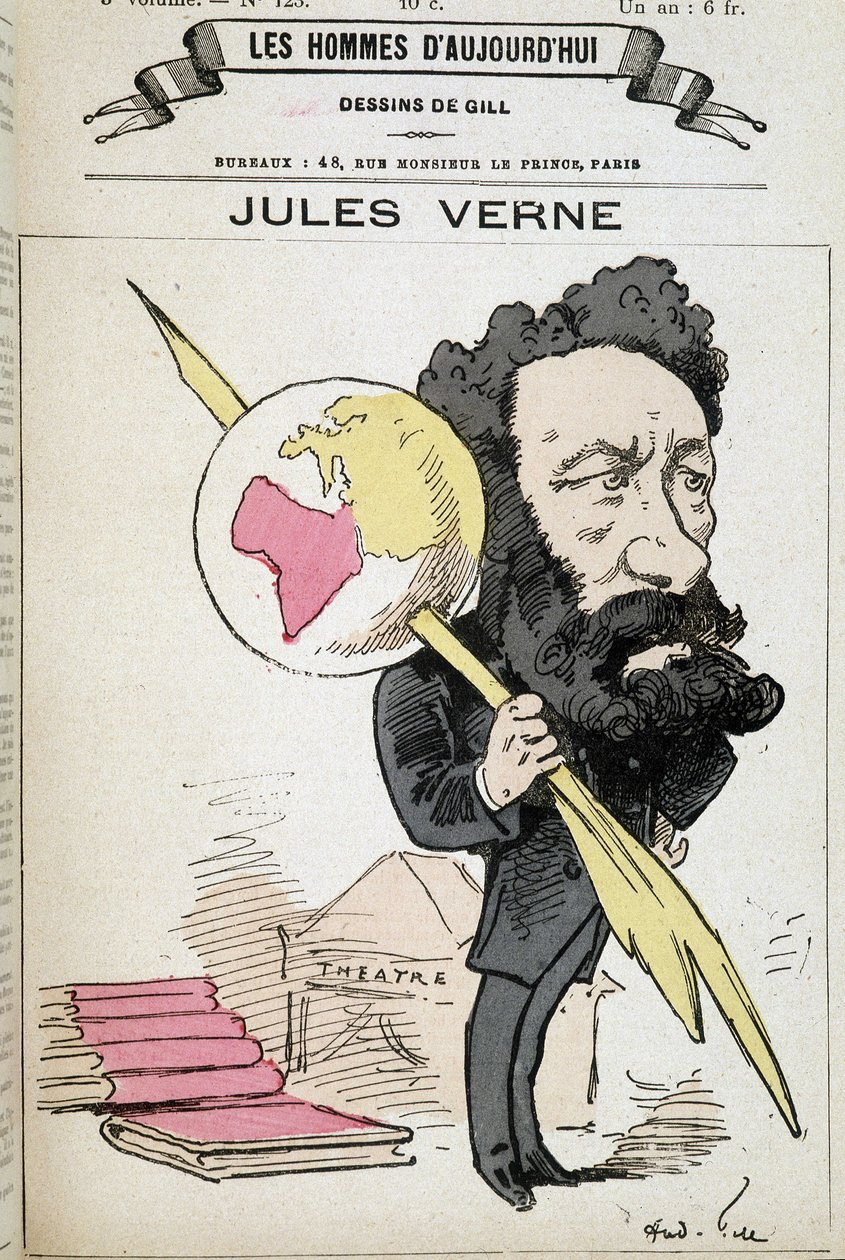 Jules Verne a beliscar a terra à sua pena - por Gill, em "Os homens de hoje" de Andre Gill