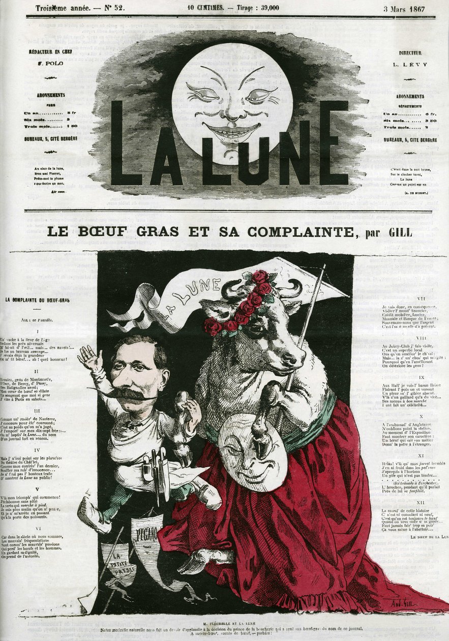 Le Beeuf gras et sa lamentte, ilustração de uma canção. Cartoon de Gill, em "La Lune", 3 de março de Andre Gill