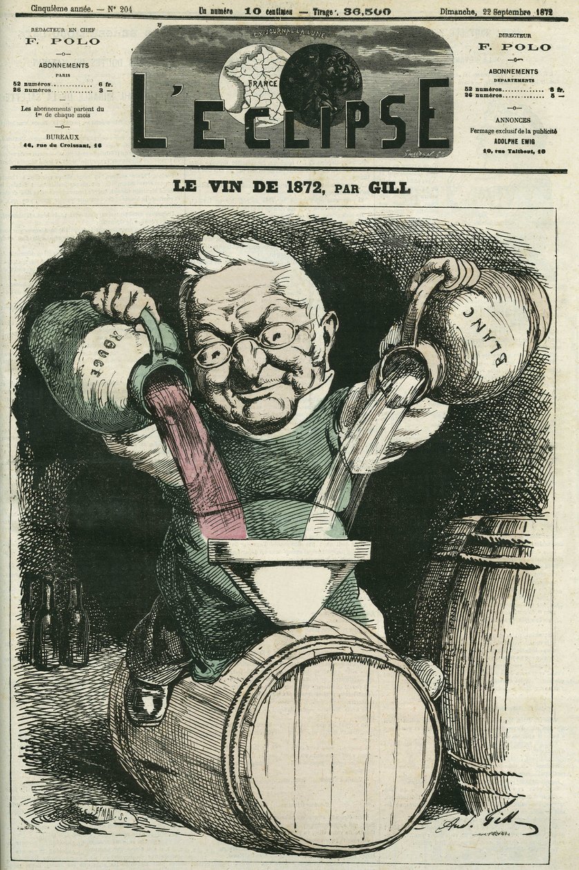 Le vin de 1872, ilustração de Adolphe Thiers misturando vinho branco e tinto (1797-1877), historiador e estadista francês. Capa em "L