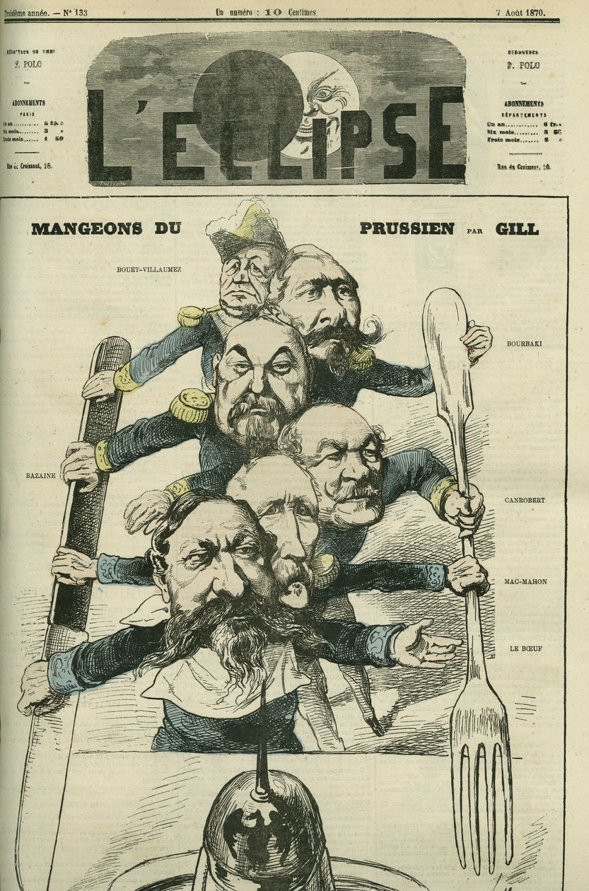 Vamos comer prussiano com os generais Le Boeuf (1806-1893), Mac-Mahon (1808-1893), Francois Achille Bazaine (Francois-Achille de Andre Gill